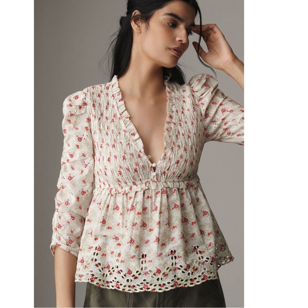 Anthropologie Ruched-Sleeve Smocked Blouse Floral Eyelet Peplum Neutral Pink M